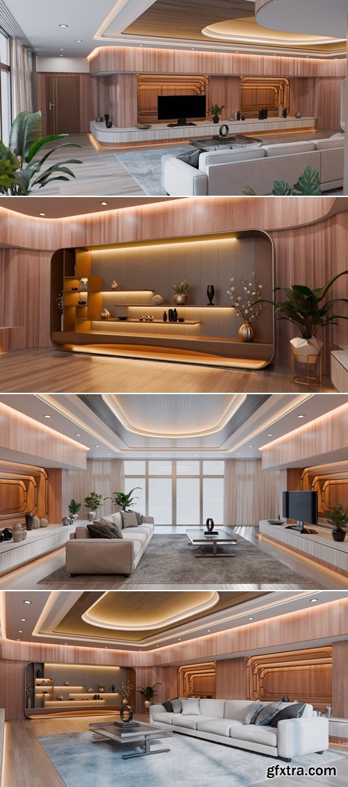 SuperhiveMarket - Modern Curved Wooden Living Room