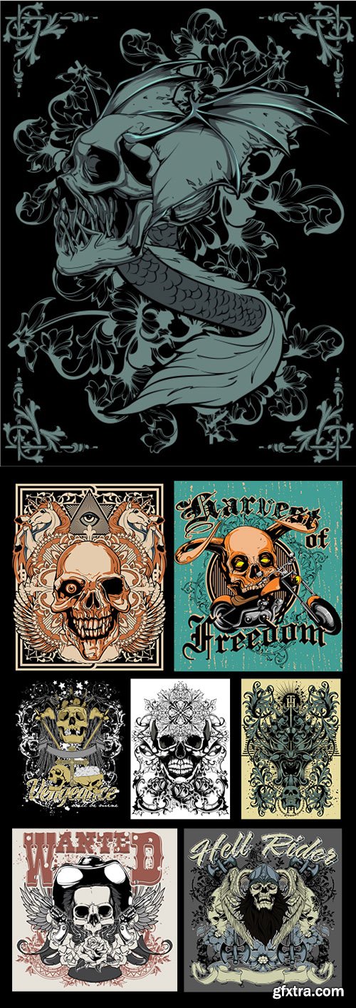 T-Shirt Design Gothic, Skulls, Bikes 25xEPS