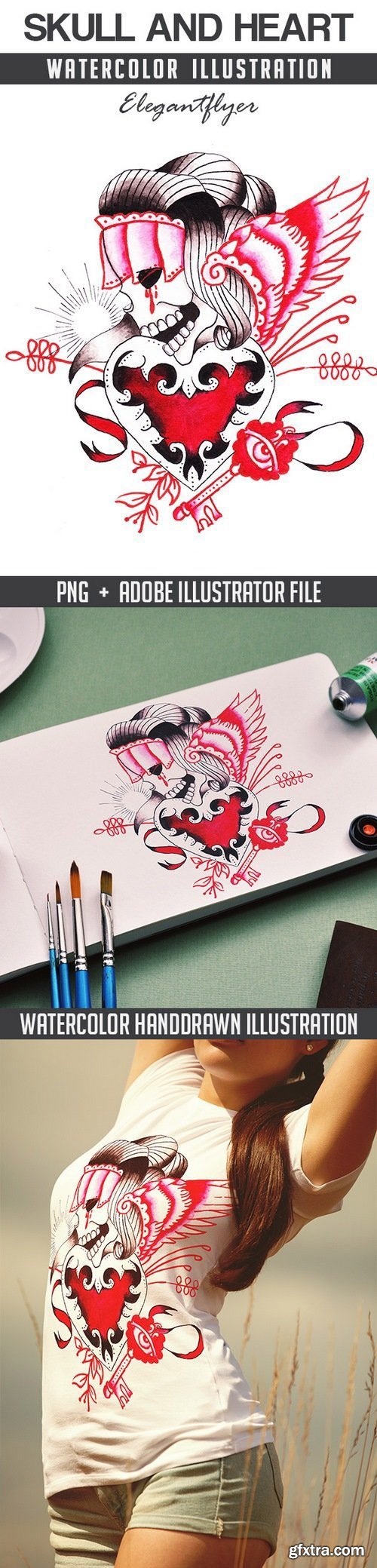 Skull &amp; Heart Watercolor T-Shirt Design AI, PNG