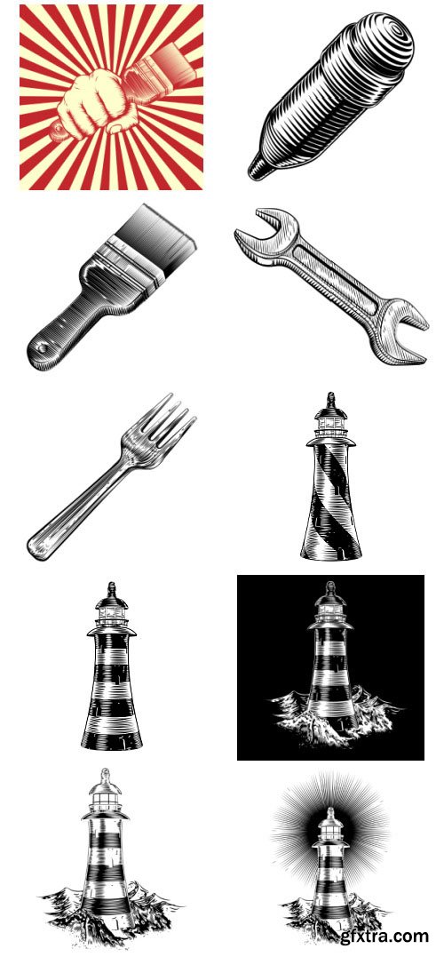 Vintage Fist Hand Holding Tools, Fork & Pencil 40xEPS