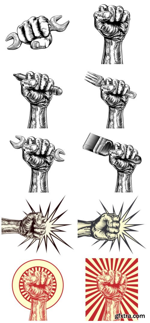 Vintage Fist Hand Holding Tools, Fork & Pencil 40xEPS