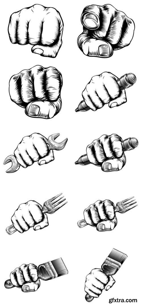 Vintage Fist Hand Holding Tools, Fork & Pencil 40xEPS