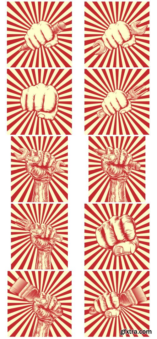 Vintage Fist Hand Holding Tools, Fork & Pencil 40xEPS