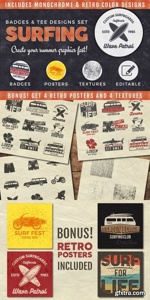 CreativeMarket - Vintage Surfing Badges & Tee Designs 644282