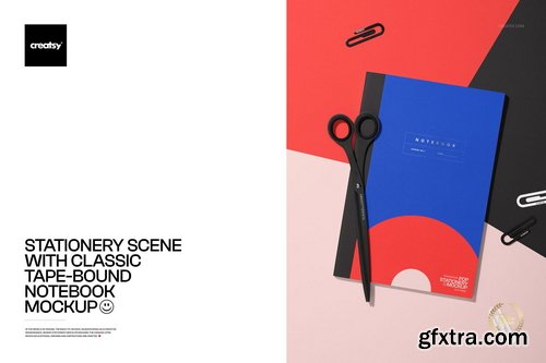 Creatsy - Stationery Scene with Classic Tape-Bound Notebook Mockup - 1107548501 Creatsy - Stationery Scene with Classic Tape-Bound Notebook Mockup - 1107548501