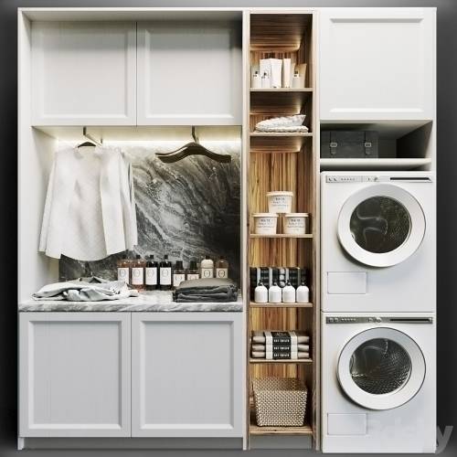 '3dsky Pro - Laundry room in white with household appliances, cosmetics and clothes 8'