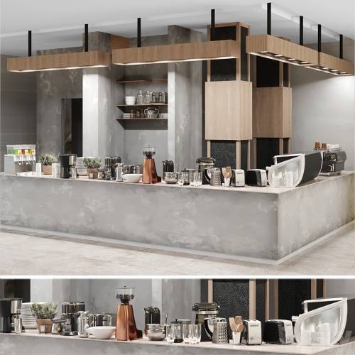 '3dsky Pro - Cafe with a minimalist design with elements of concrete and wood. Coffee machine, coffee maker'
