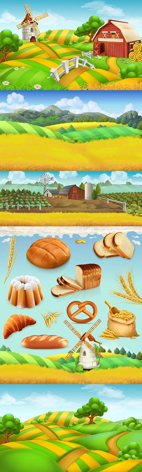 Farm Field Landscape and Wheat with Bread 3D Illustrations 5xEPS
