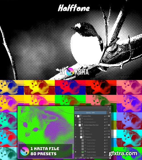 Duotone & Halftone Photo Effect + 80 Gradient Map Presets for Krita