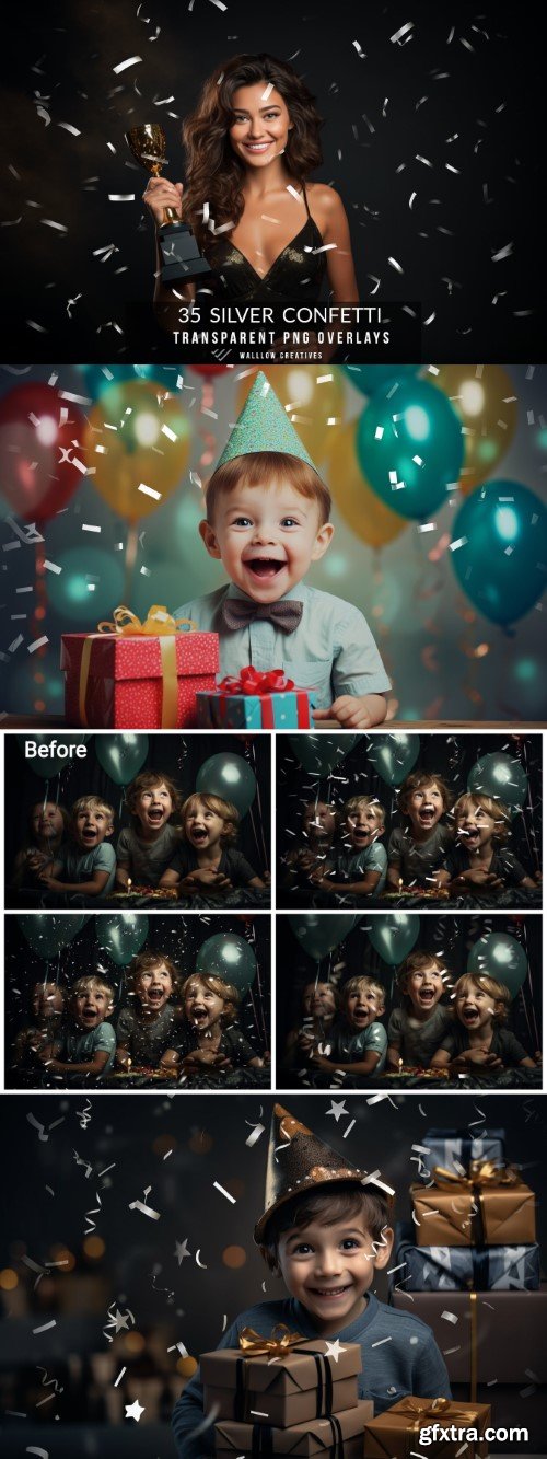 Silver confetti PNG overlays, New year overlays