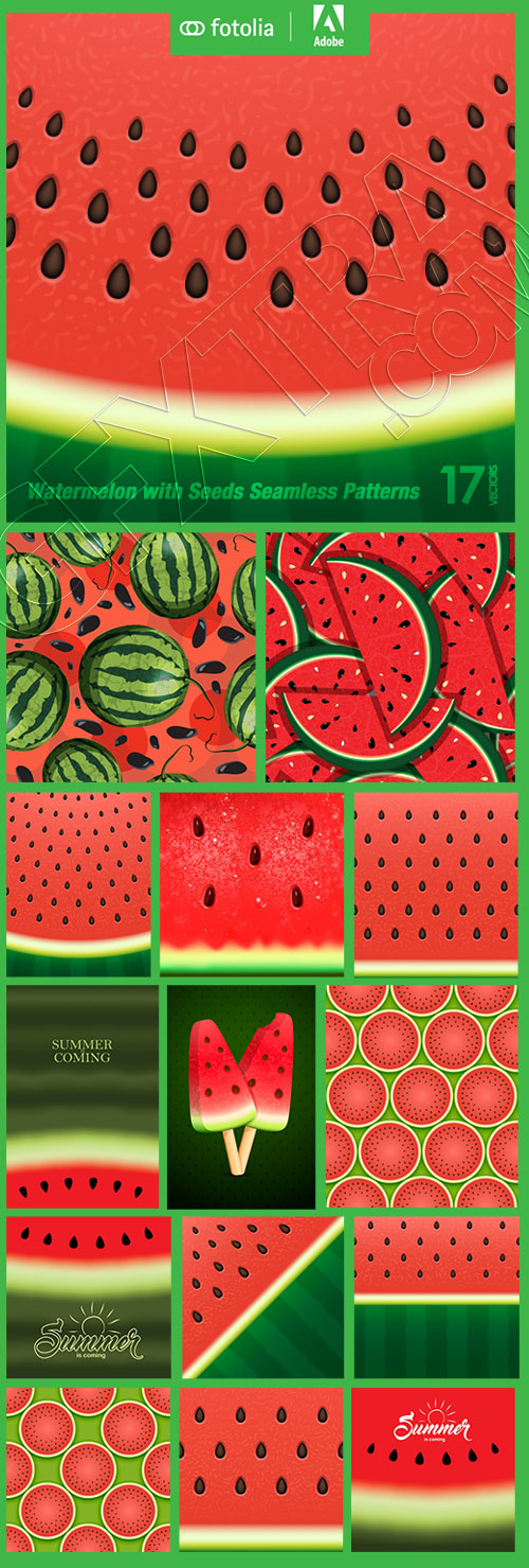 Watermelon with Seeds Seamless Patterns 17xEPS