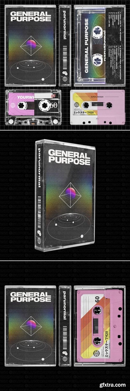 Superunknown - Complete Cassette Tape Mockups - all sides view + 2 tapes included (transparent and solid color)