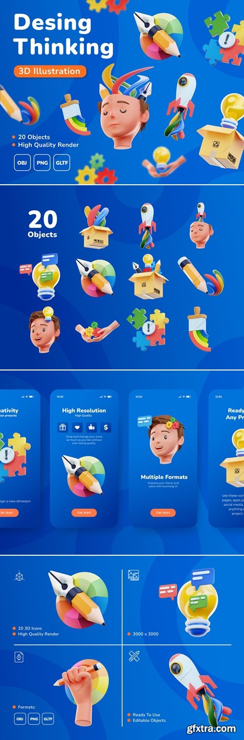 20 3D Design Thinking Icon Set