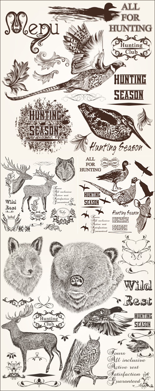 Vintage Forest Animals and Birds, Hunting Season 5xAI Vintage Forest Animals and Birds, Hunting Season 5xAI