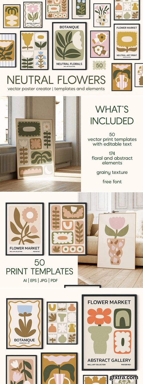 CreativeMarket - Neutral Flowers Vector Print Creator 291276568