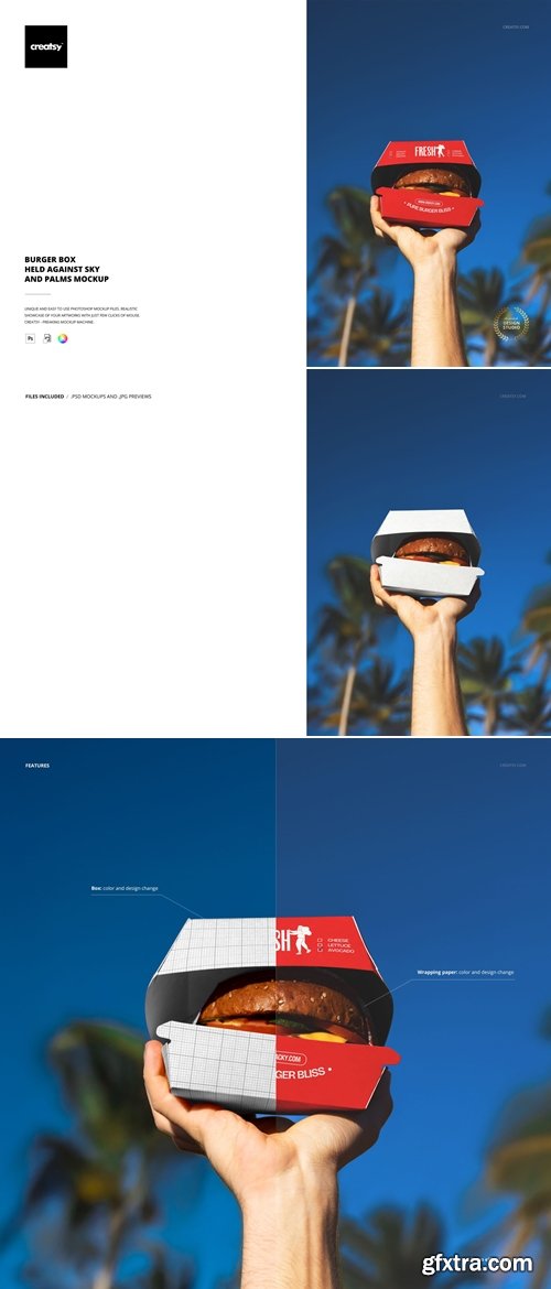 Creatsy - Burger Box Held Against Sky and Palms Mockup 2077497685
