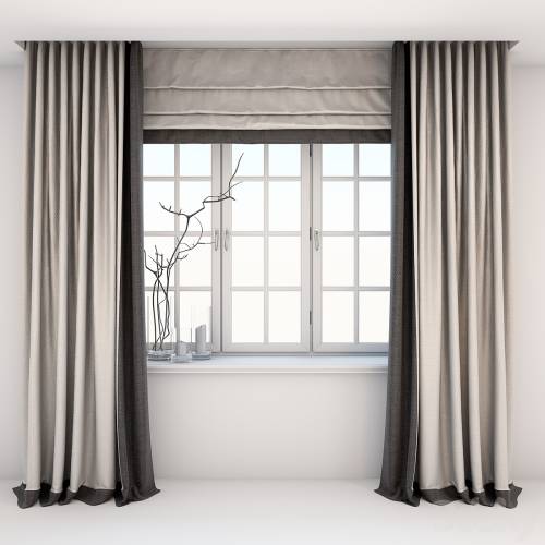 '3dsky Pro - Direct two-color curtains in the floor and Roman curtains in a modern style with a window'