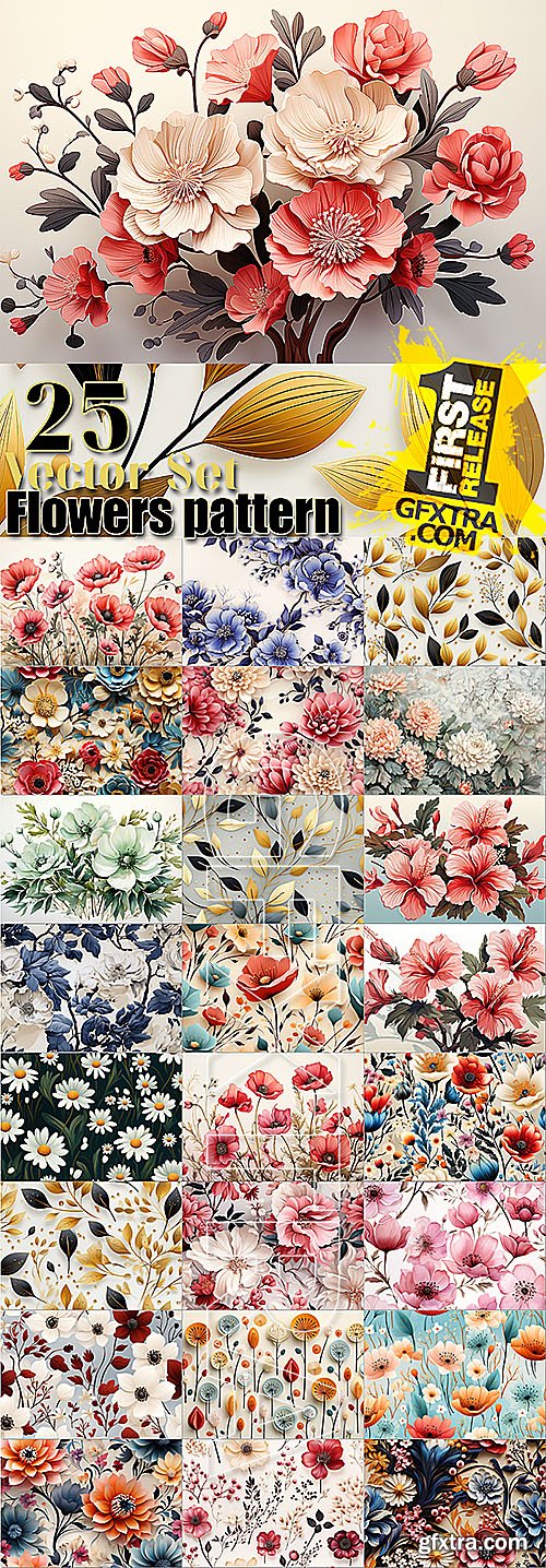 Painting flowers pattern vector 25 set