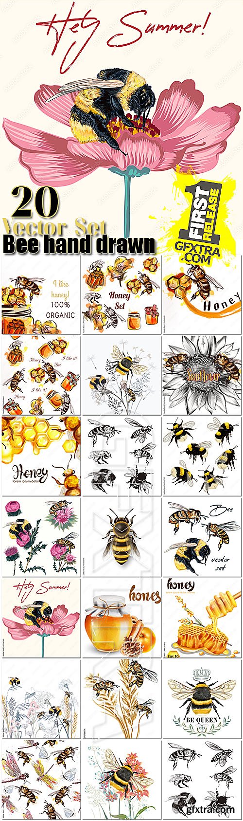 Bee collection of 20 vector hand drawn detailed for design