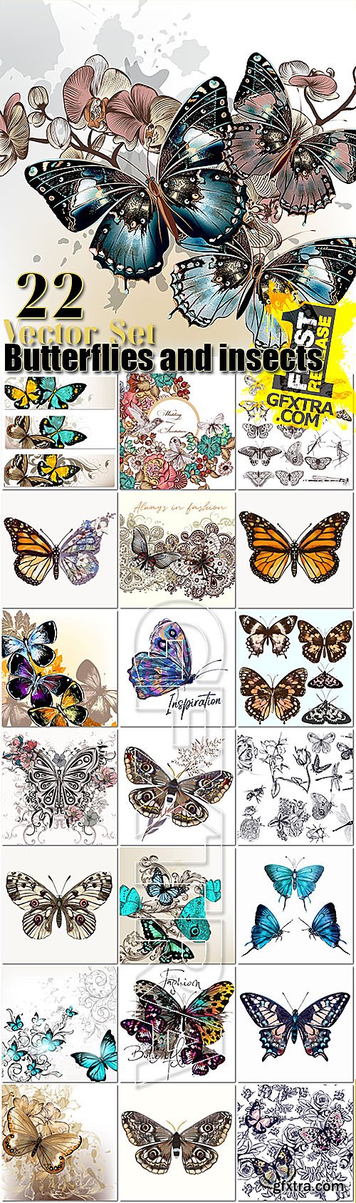 Butterflies and insects collection of 22 vector hand drawn detailed for design
