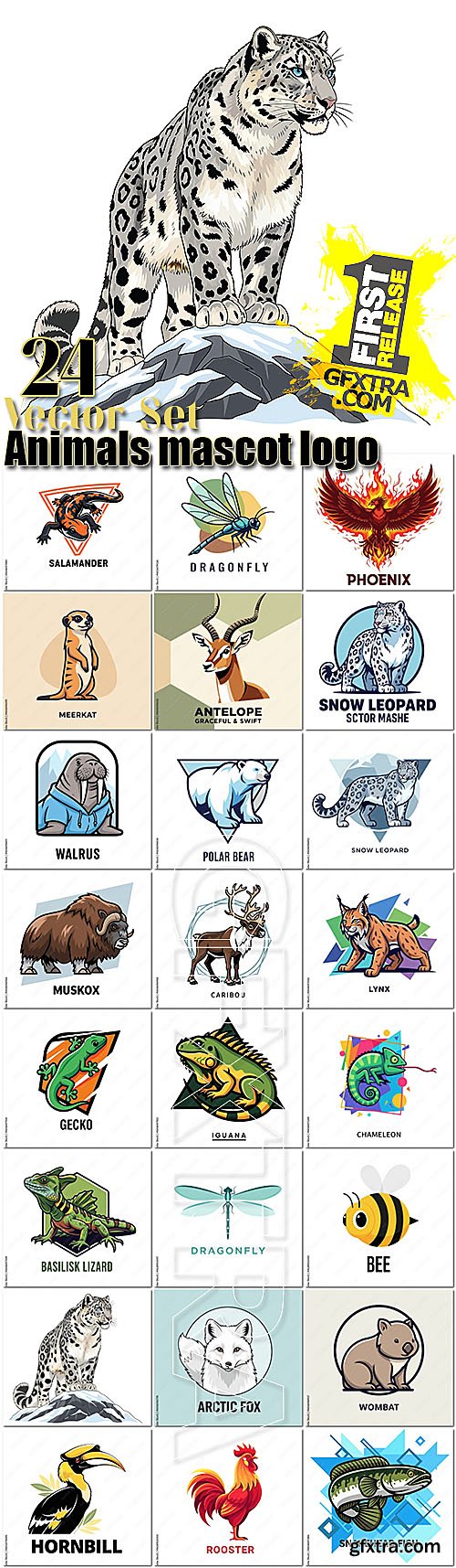 Animals, birds, insects, fish 24 mascot logo vector illustration