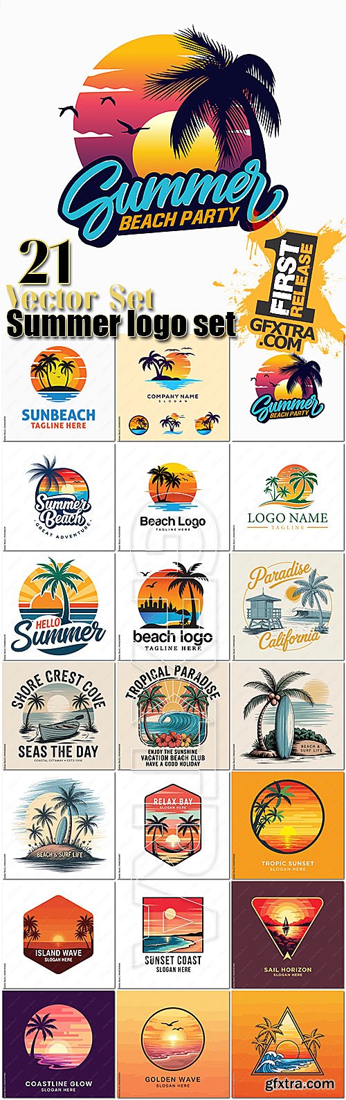 Tropical beach, summer vacation 21 vector logo set