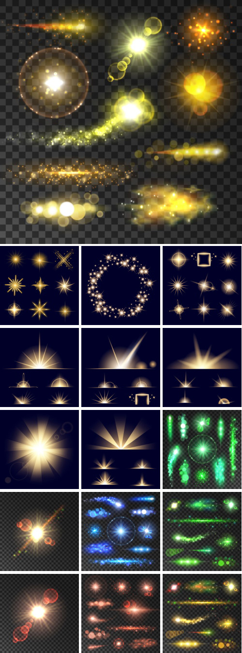 Glowing Golden Light Sparks, Glittering Flashes 16xEPS
