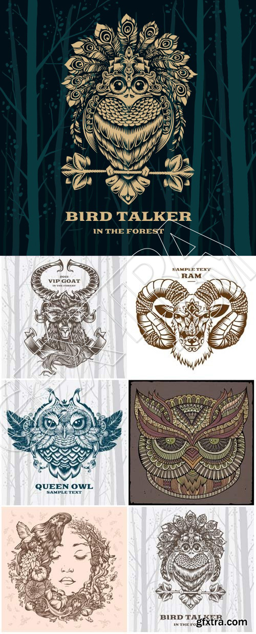 Bird Talker, Goat, Owl and Girl Face Nature 7xEPS Bird Talker, Goat, Owl and Girl Face Nature 7xEPS