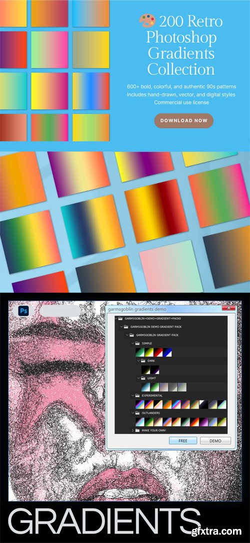 200+ Handcrafted Retro Gradients Pack for Photoshop