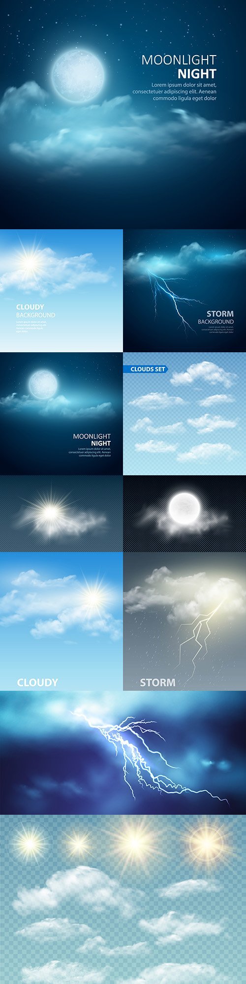Realistic Sun with Clouds and Night Sky Illustrations 10xEPS