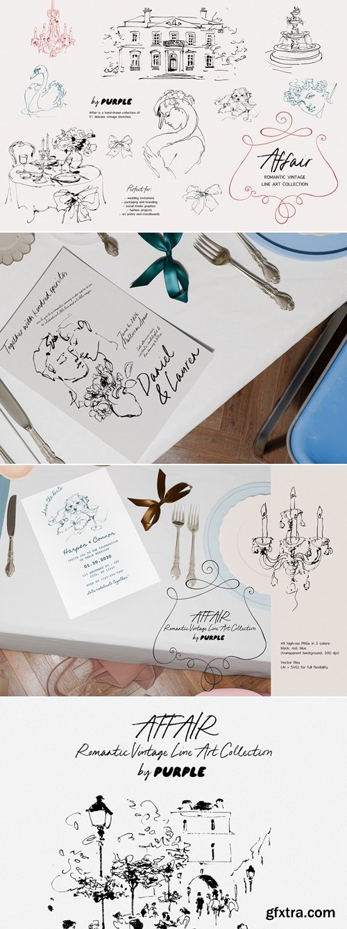 CreativeMarket - Affair: Romantic Vintage Line Art 291627809