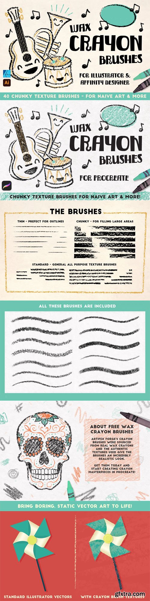 50+ Wax Crayon Texture Brushes for Illustrator, Procreate and Affinity