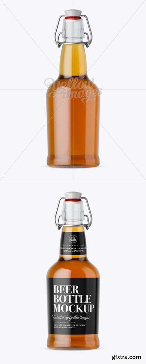 YellowImages - Clear Glass Beugle Bottle w/ Beer Mockup - Front View 13418