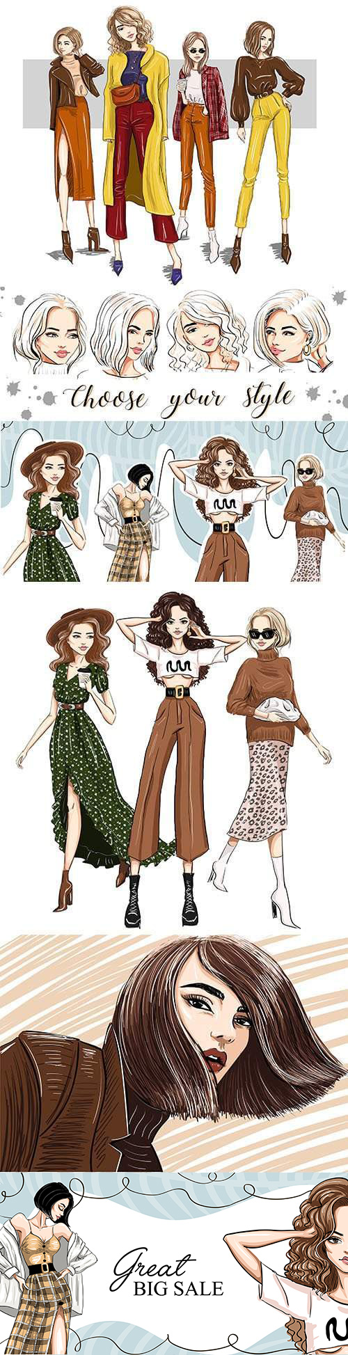 Bright Models in Fashion Outfits Illustrations 7xEPS