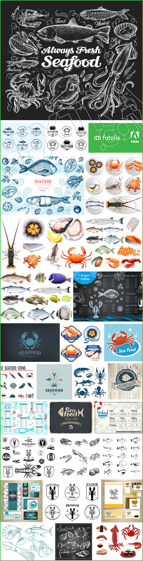 Seafood Design Elements, Icons, Labels, Menus &amp; Logos 30xEPS
