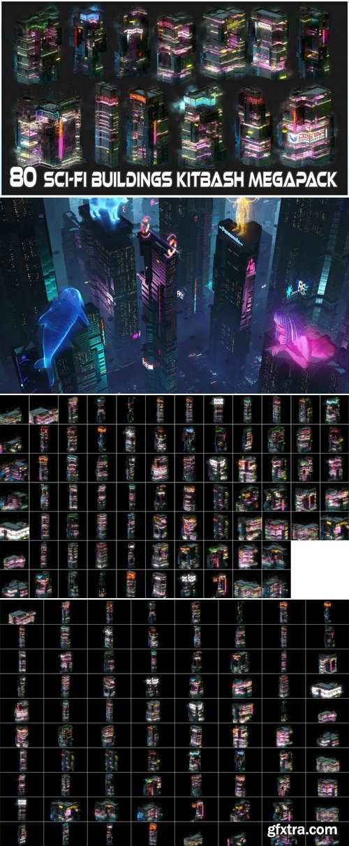 Artstation - 80 Sci-Fi Cyberpunk City Building Kitbash Pack