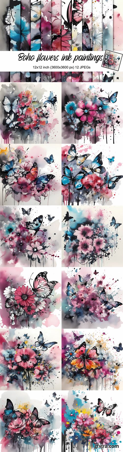 Boho Flowers Ink Paintings - 12 Digital Images