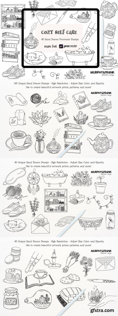 Cozy Self Care - 45 Line Art Procreate Stamp Brushes