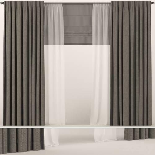'3dsky Pro - Brown curtains with tulle and roman blinds.'