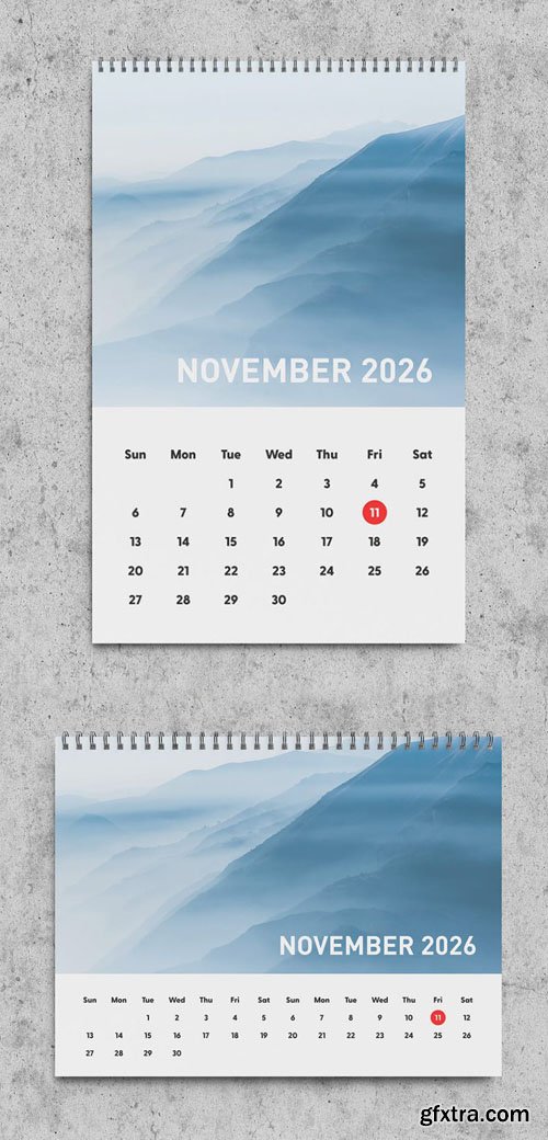 Landscape & Portrait Wall Calendar 2026 PSD Mockup Template