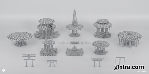 Superhivemarket - Sacred Temples - Asian Styled Buildings &amp; Environment Assets 3D Kitbash Pack
