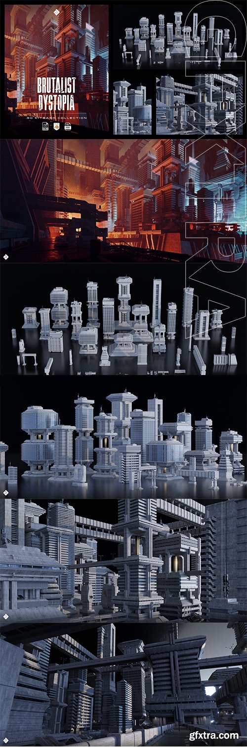 Superhivemarket - Brutalist Dystopia - Urban Buildings, Structures &amp; Modular Environment Assets 3D Kitbash Pack