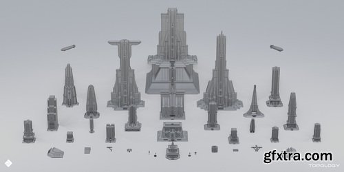 Superhivemarket - Central City - Detailed Imperial Brutalist City Buildings &amp; Environment Assets 3D Kitbash Pack