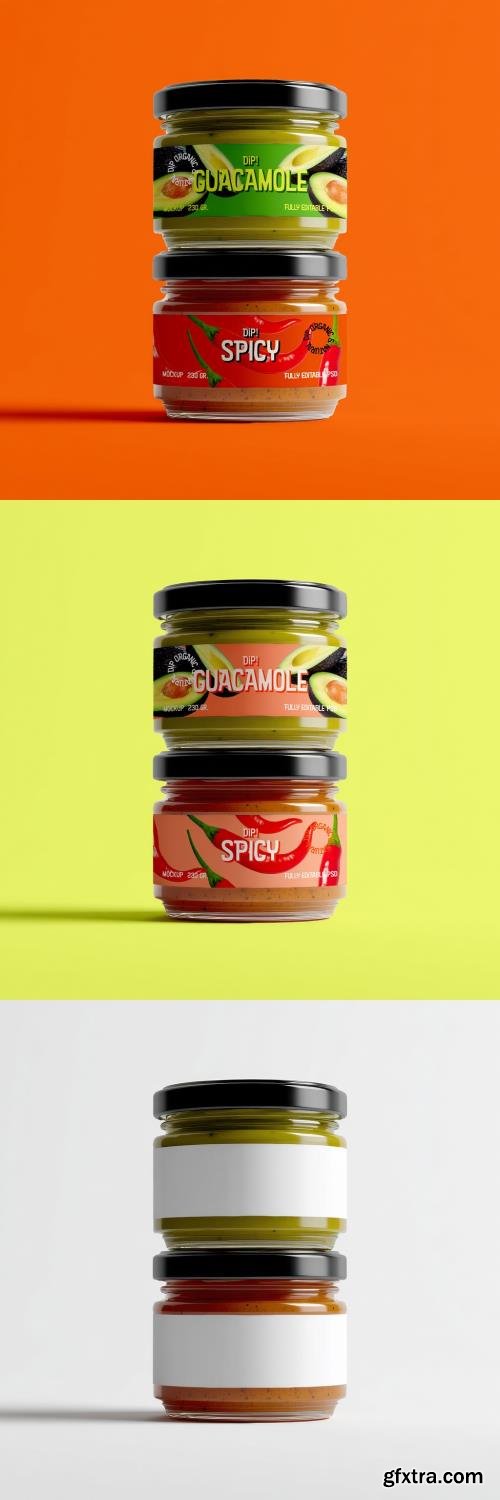 Stacked Glass Jar Mockup with Guacamole and Spicy Dip 1681456439