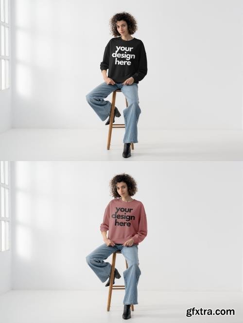 Mockup Of Woman Wearing Customized Sweatshirt On Stool 1681060399