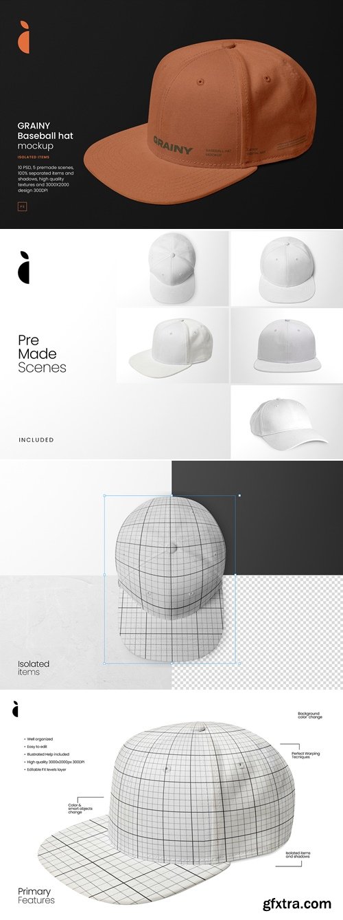 CreativeMarket - GRAINY Baseball Hat Mockup Kit 285526848