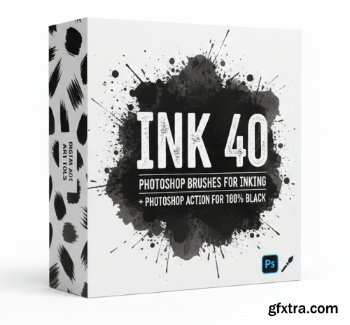 INK. 40 Photoshop Brushes for Inking + Photoshop Action for 100% black.