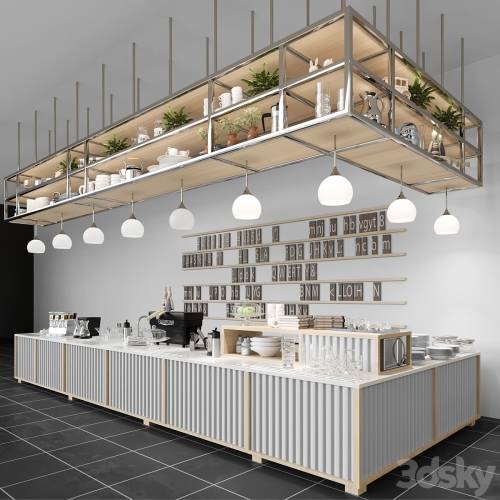 '3dsky Pro - Design project of a coffee house in loft style with a coffee machine and dishes. Cafe'