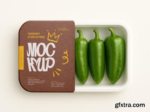 Food Tray Packaging Mockup Realistic Fresh Green Pepper Container with Label Design 1666887767