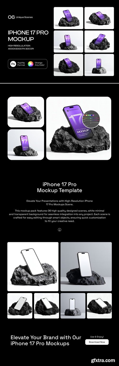 iPhone 17 Pro on Dark Rock Mockup Set - 06 Scene